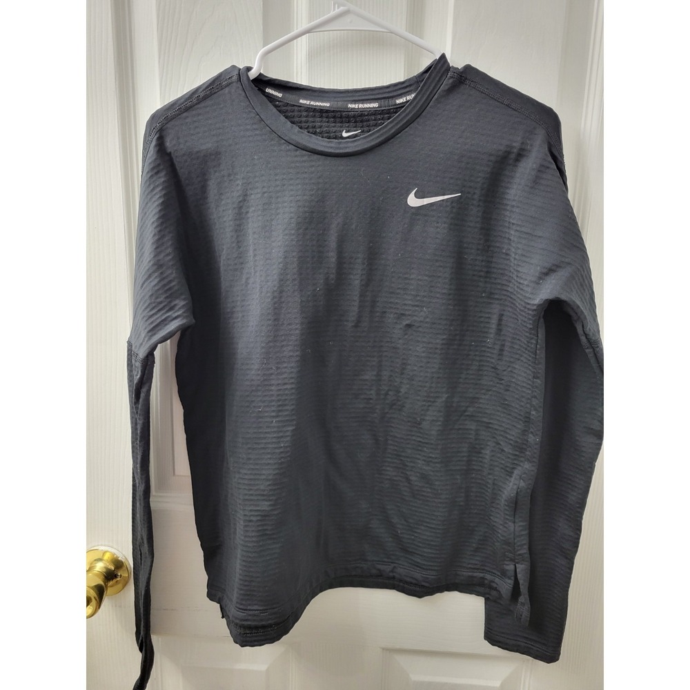 Nike Dri-Fit Running Womens Small Long Sleeve Shirt Black Thumb Holes Pocket